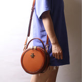 brown Round Purse Leather Round Bag Circle Leather Purse Womens