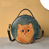 Handcraft Leather Carving Cat Bag Leather Round Bags Purse