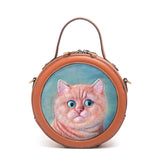 Handcraft Leather Carving Cat Bag Leather Round Bags Purse