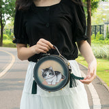 Handcraft Leather Carving Cat Bag Leather Round Bags Purse