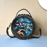 Handcraft Leather Carving Reindeer Bag Leather Round Bags Purse