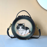 Handcraft Leather Carving Cat Bag Leather Round Bags Purse