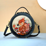 Handcraft Leather Carving Reindeer Bag Leather Round Bags Purse
