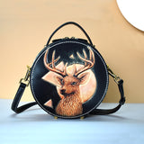 Handcraft Leather Carving Reindeer Bag Leather Round Bags Purse
