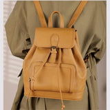brown Small Leather Backpacks For Ladies Drawstring Leather Small Backpack Women's