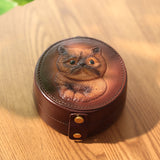 Cat Embossed Small Leather Round Jewelry Ring Case