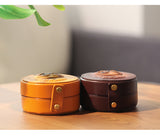 Cat Embossed Small Leather Round Jewelry Ring Case