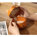 Cat Embossed Small Leather Round Jewelry Ring Case