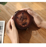 Cat Embossed Small Leather Round Jewelry Ring Case