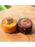 Cat Embossed Small Leather Round Jewelry Ring Case