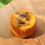 Cat Embossed Small Leather Round Jewelry Ring Case