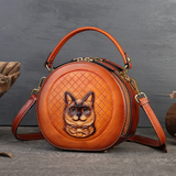 Cat Kitty Embossed Bag Genuine Leather Circle Bag Round Purse Leather