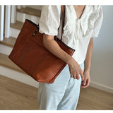brown leather tote bag Genuine Leather Tote With Zipper Womens