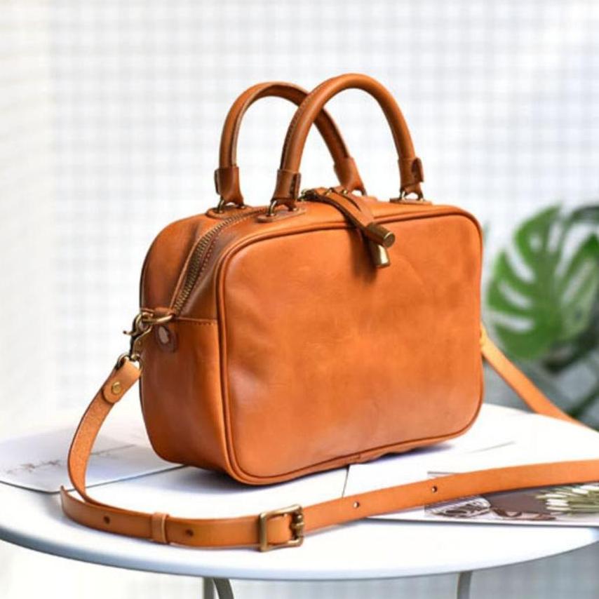 Genuine Leather Square Crossbody Bag With Zipper Leather Box Handbag