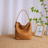 Small Woven Leather Bucket Bag Genuine Leather Bucket Shoulder Bag Womens - Annie Jewel