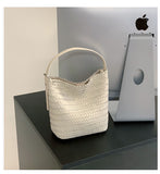Small Woven Leather Bucket Bag Genuine Leather Bucket Shoulder Bag Womens - Annie Jewel