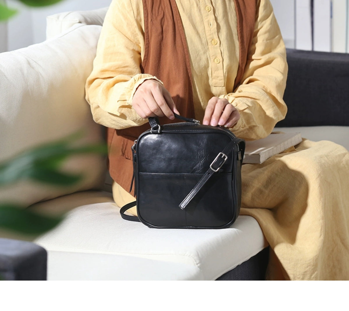 Women's Black Square Leather Camera Bag Shoulder Bag Purse | Annie