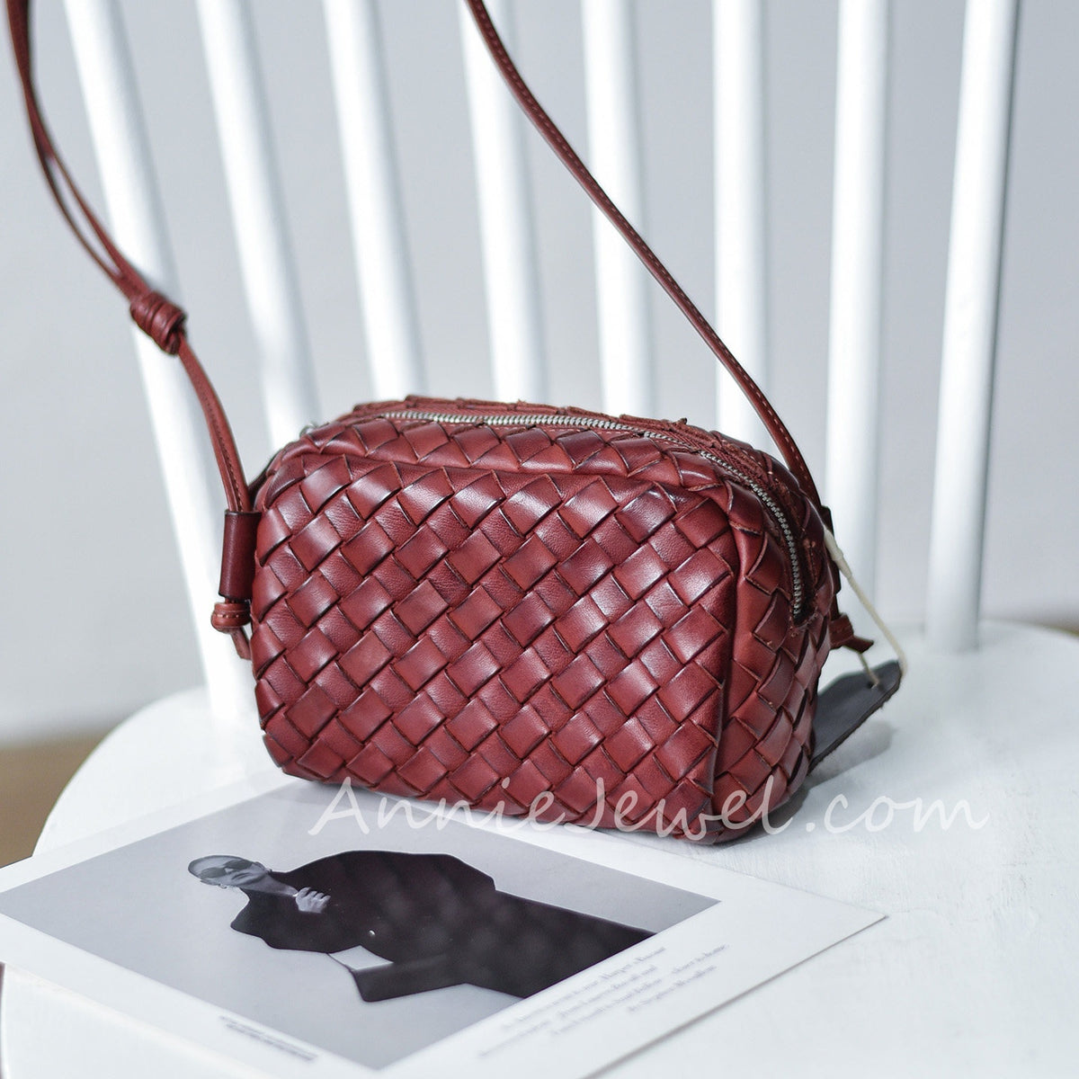 Genuine Leather Woven Crossbody Bag Burgundy Woven Leather Camera