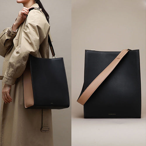 Minimalist Leather Bucket Vertical Tote Bag Black&Beige