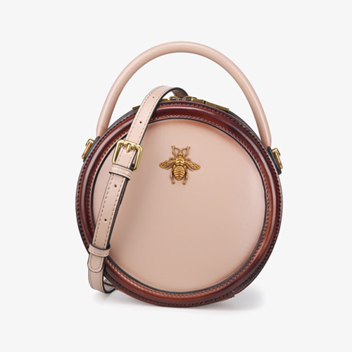 Bee Leather Circle Bag Crossbody Bags Shoulder Bag Purses for Women, Brown