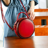 red circle leather handbag