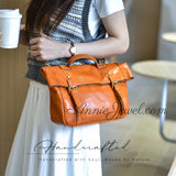 cognac Leather Satchel Bag Genuine Leather Flap Satchel With Buckle Straps Womens - Annie Jewel