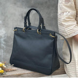 Womens Black Leather Handbag Black Genuine Leather Purse Medium Black Tote 