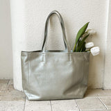 Women's  silver Leather Tote Soft Leather Tote Bag With Zipper Shopper Tote Bag Leather