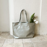 Women's silver Leather Tote Soft Leather Tote Bag With Zipper Shopper Tote Bag Leather