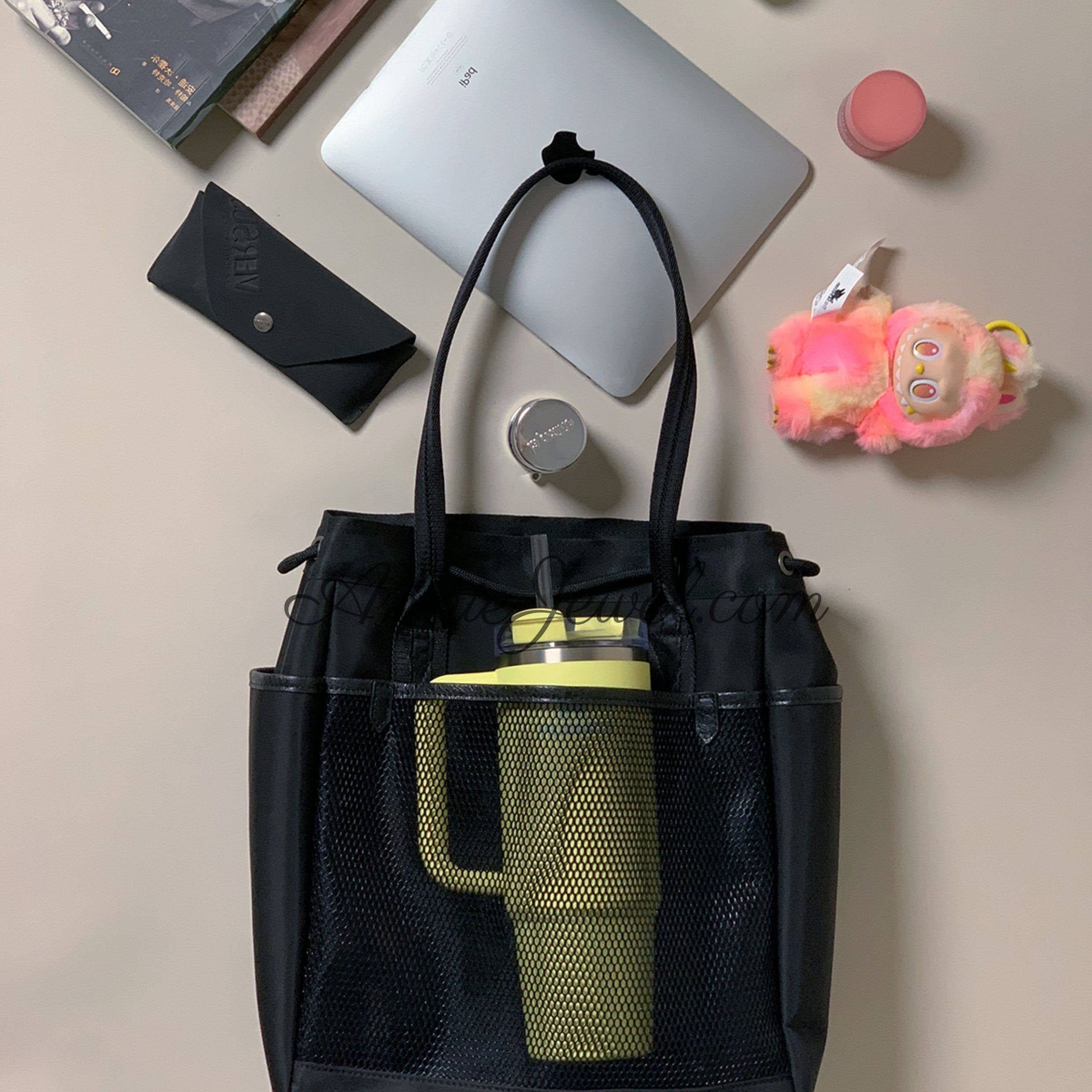 Black Drawstring Nylon Tote Bag Utility Nylon Tote Bag With Front