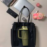 Black Drawstring Nylon Tote Bag Utility Nylon Tote Bag With Front Zipper Pocket Womens - Annie Jewel