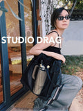 Black Drawstring Nylon Tote Bag Utility Nylon Tote Bag With Front Zipper Pocket Womens - Annie Jewel