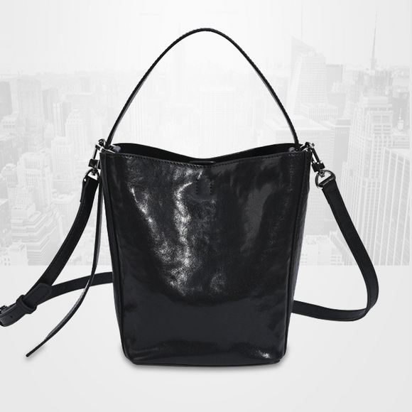 Women's Crossbody Bucket Bag Black Leather Small Leather Bucket Bag Crossbody - Annie Jewel