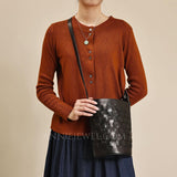 Black Woven Leather Bucket Bag Shoulder Bag Genuine Leather Woven Bag Womens 