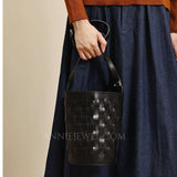Black Woven Leather Bucket Bag Shoulder Bag Genuine Leather Woven Bag Womens 