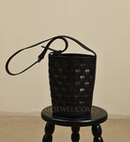 Black Woven Leather Bucket Bag Shoulder Bag Genuine Leather Woven Bag Womens 