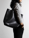 Black Leather Tote Bag With Zipper Tall Leather Tote Womens Leather Work Tote 