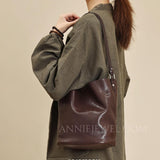 Brown Leather Bucket Bag Genuine Leather Bucket Shoulder Bag Womens