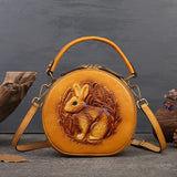 Bunny Embossed Bag Circle Leather Handbag Canteen Crossbody Bag 