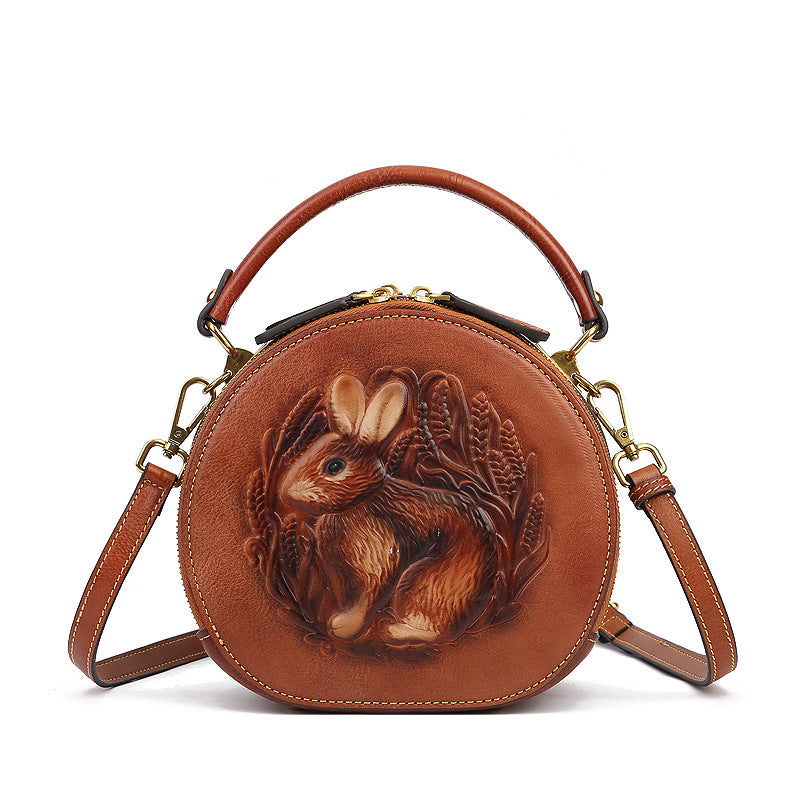 Bunny Embossed Bag Circle Leather Handbag Canteen Crossbody Bag