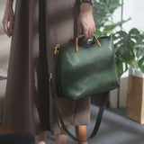 Small green Leather Tote Cowhide Tote Bag With Leather Straps Womens 