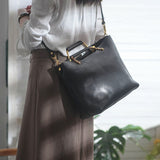 Small Black Leather Tote Cowhide Tote Bag With Leather Straps Womens 