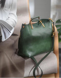 Small green Leather Tote Cowhide Tote Bag With Leather Straps Womens 