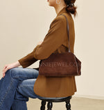 Dark Brown Leather Shoulder Bag Suede Leather Shoulder Bag Medium Women - Annie Jewel