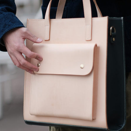 Full Grain Leather Vertical Leather Tote Bag With Leather Straps For Mens 