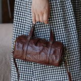 Brown Leather Mini Barrel Bag Mini Leather Cylinder Bag Small Leather Bowling Bag Womens - Annie Jewel