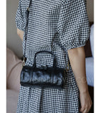 balck Leather Mini Barrel Bag Mini Leather Cylinder Bag Small Leather Bowling Bag Womens - Annie Jewel