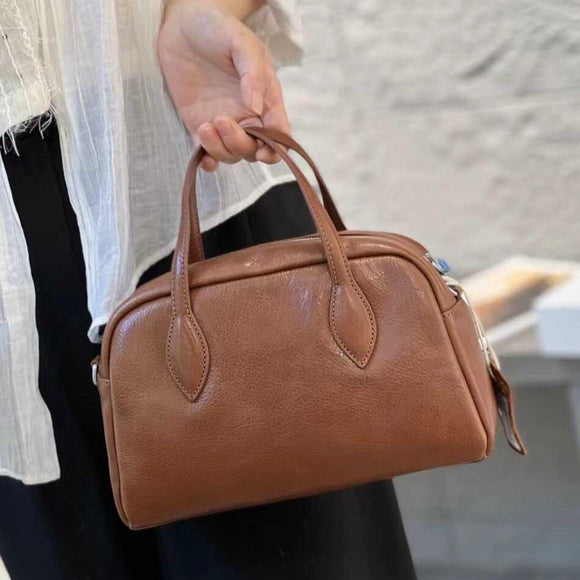 Genuine Leather Bowling Bag Brown Bowler Handbag Womens 