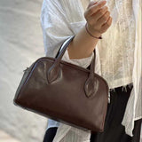 Genuine Leather Bowling Bag Brown Bowler Handbag Womens 