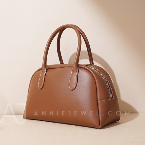 Genuine Leather Bowling Bag Brown Bowler Handbag For Women 